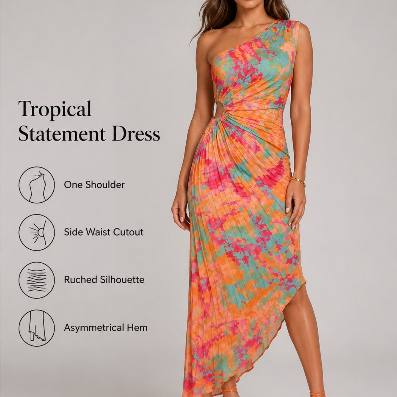 TEMU 1 Shoulder Abstract Print Midi Dress For Women Round Side Cutout Ruched Waist Draped Front Asymmetric Hem Vacation Resort Beach Dress