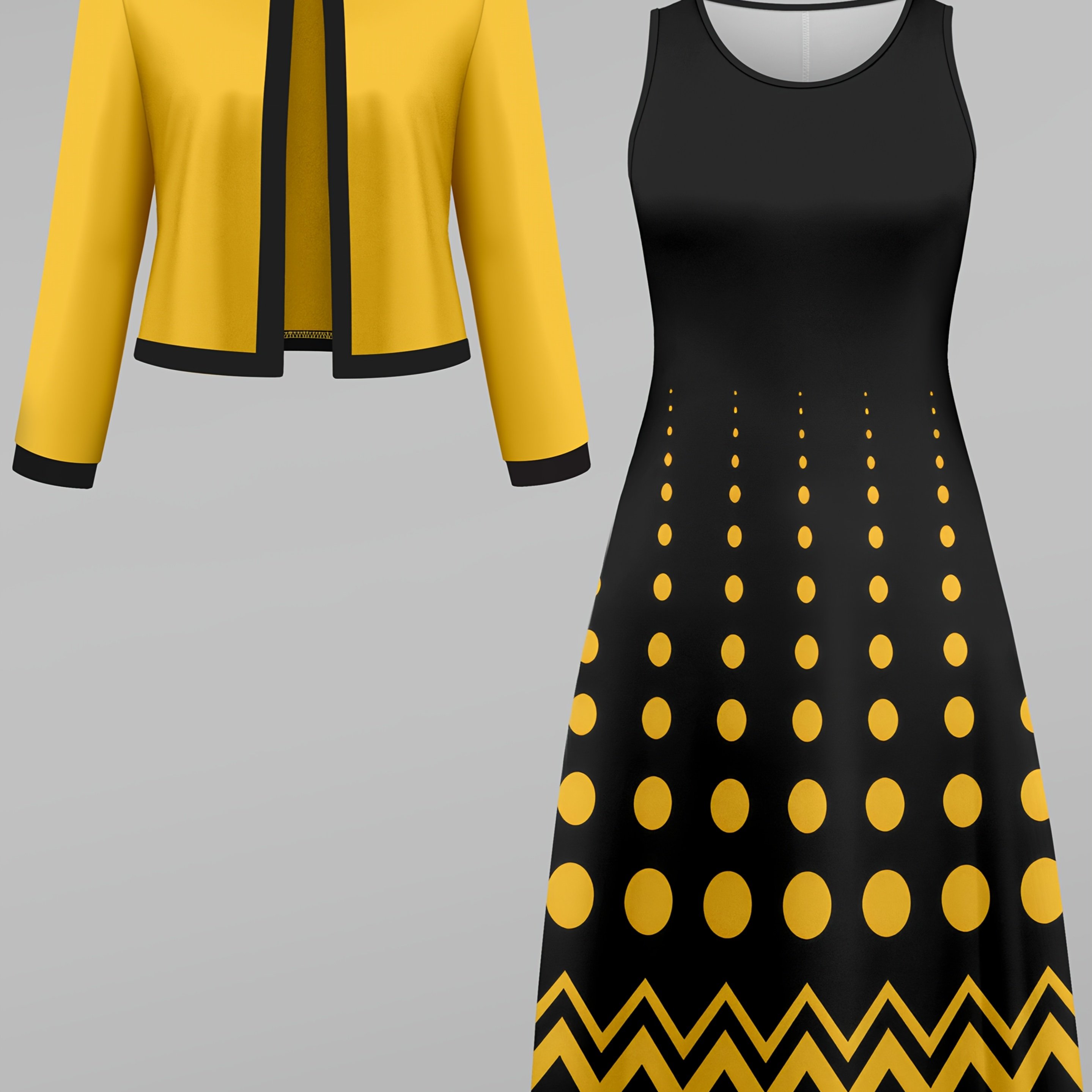 TEMU Women's Elegant 2pcs Set: Yellow Open Front Coat & Black Sleeveless Dress With Geometric Patterns - Stretchy Polyester Blend, Machine Washable
