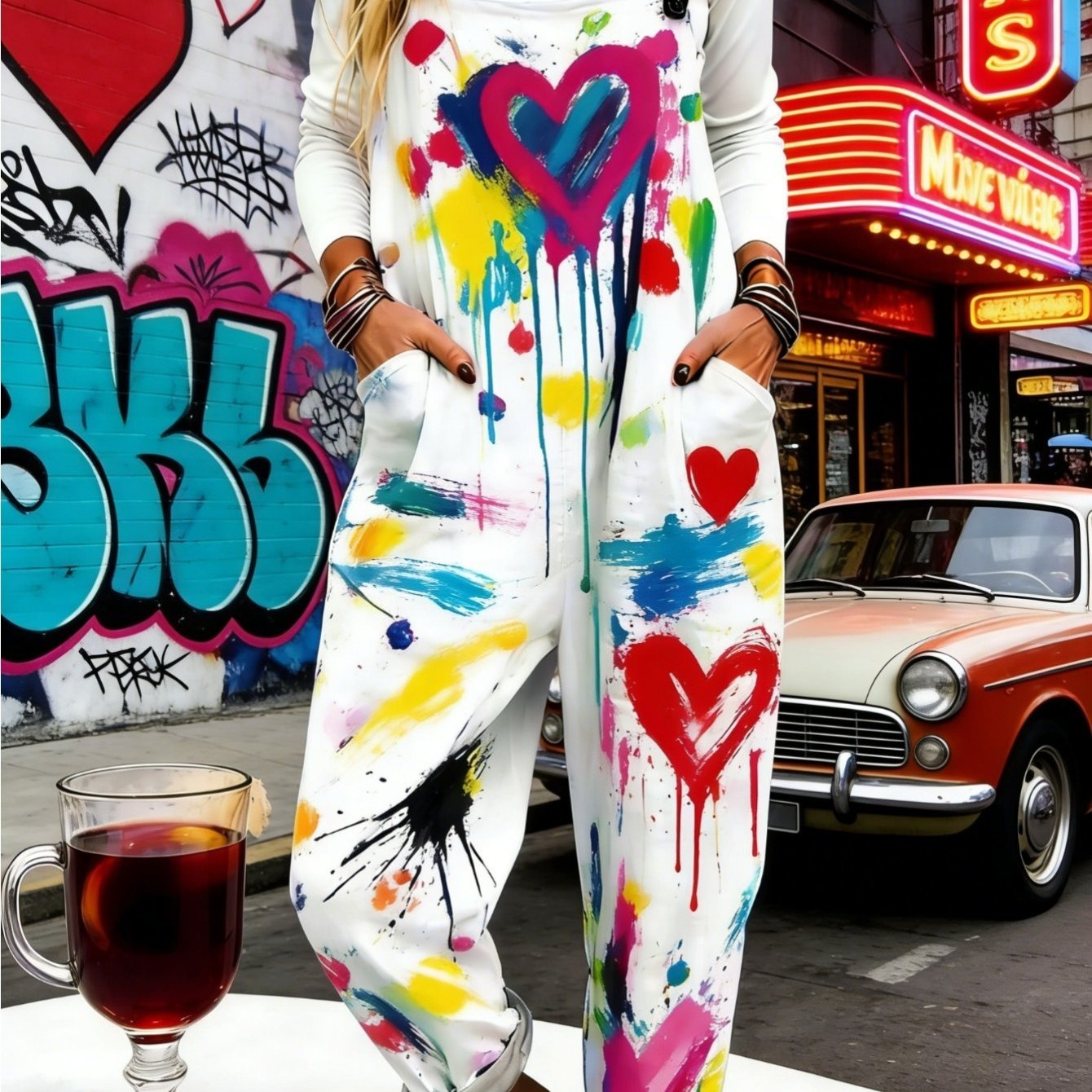 Image of Plus Size - Plus Size - Plus Size Women's Casual Printed Overalls, Farm, Animals, Plants, Bohemian Pattern Casual Jumpsuit, Fashionable And Versatile Commuting Vacation Pants, Machine Washable