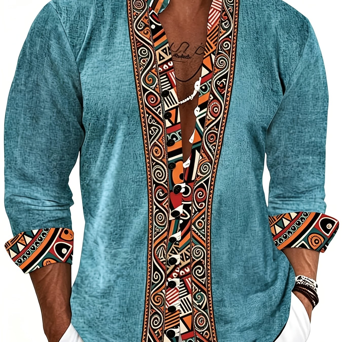 Plus Size Men's Casual Shirt Faux Linen Printed Stand Collar Long Sleeve Button Shirt Bohemian Ethnic Tribal Street Style Tops For Beach Vacation Summer And Wear