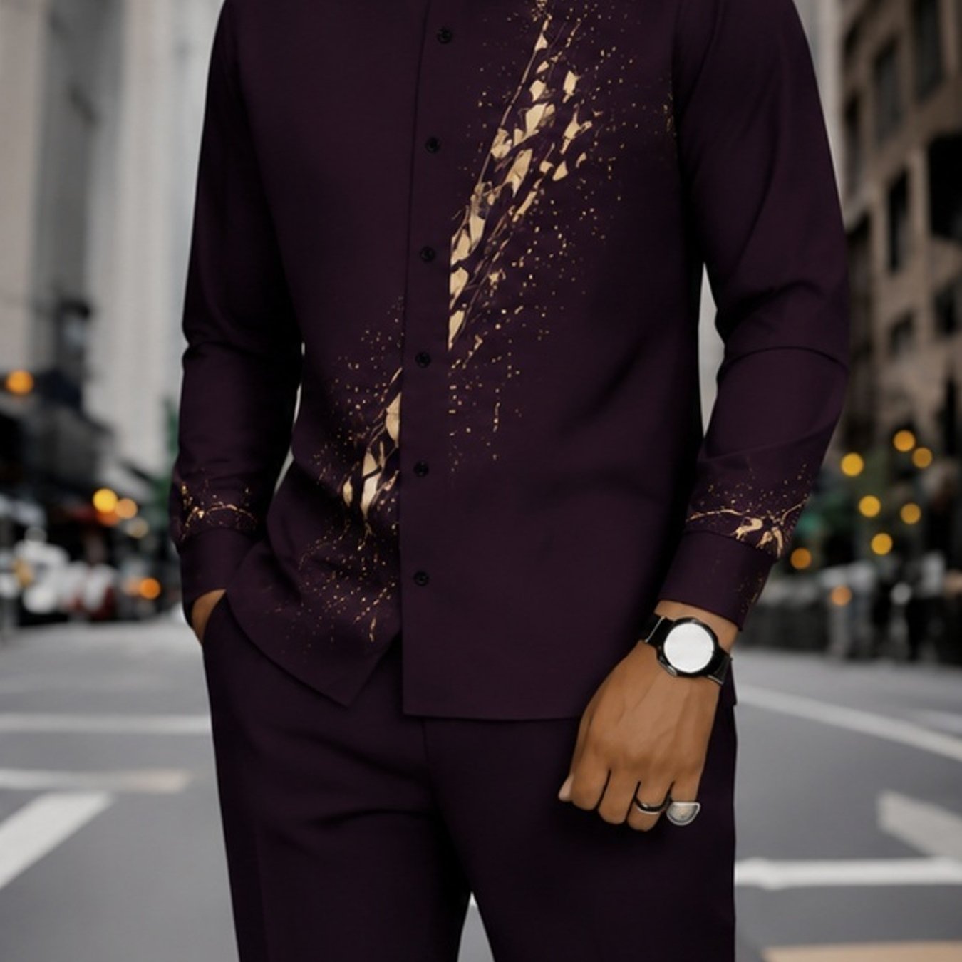 Image of Men's Style Burgundy Golden Abstract Geometric Outfit 2pcs Set Lightweight Breathable Daily Wear Vacation Wear Holiday Gift For Adult Men Summer Casual Outfit