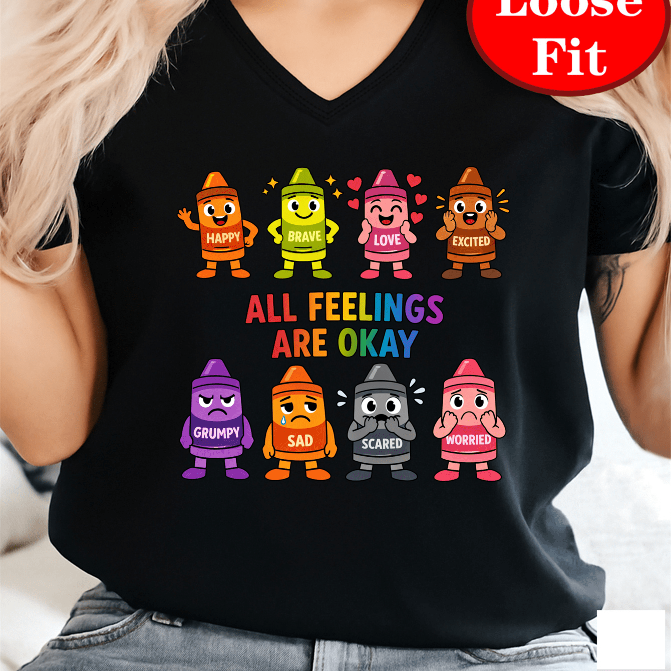 TEMU Cartoon Crayon   "all Feelings Are Okay" T-shirt Print, V-neck Short Sleeve T-shirt, Spring/summer Casual Top, Plus Size Women's Clothing