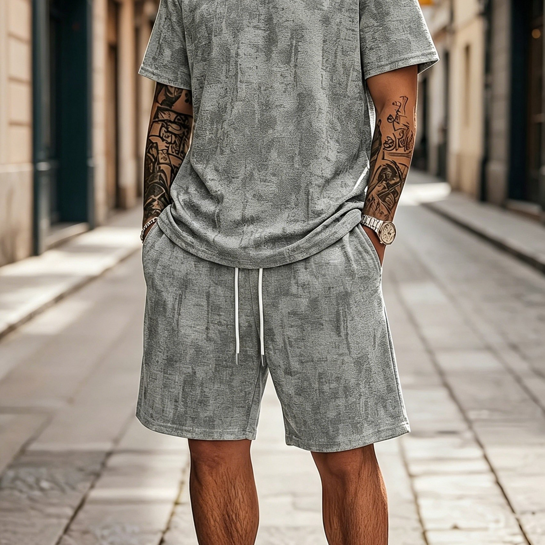 TEMU Men's Tie-dye Print Distressed Print 2pcs Set: Short Sleeve T-shirt And Shorts, Casual Sportswear Set, Light Luxury High-end Feel