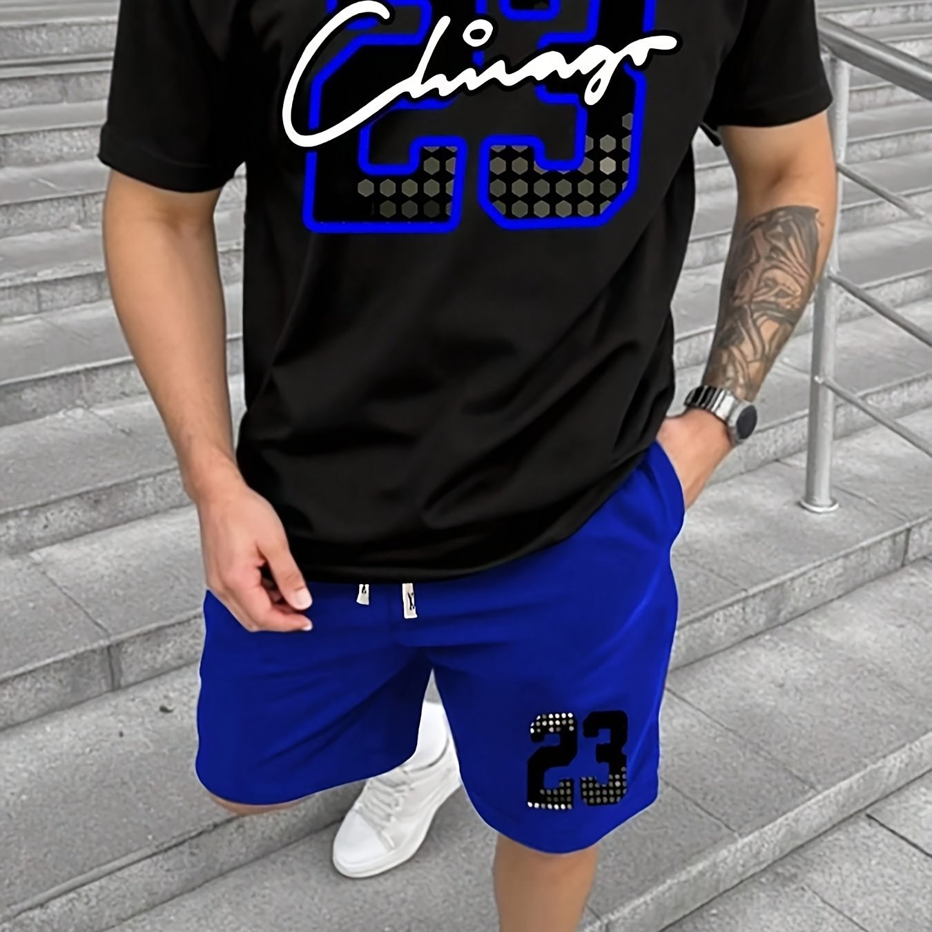 Men's Loungewear Short-sleeved T-shirt And Shorts Set, Men's '23' Graphic T-shirt With Drawstring Shorts - Everyday And Special Occasion Shirt - Adult Menswear, , Crew Neck Design, Street Fashion