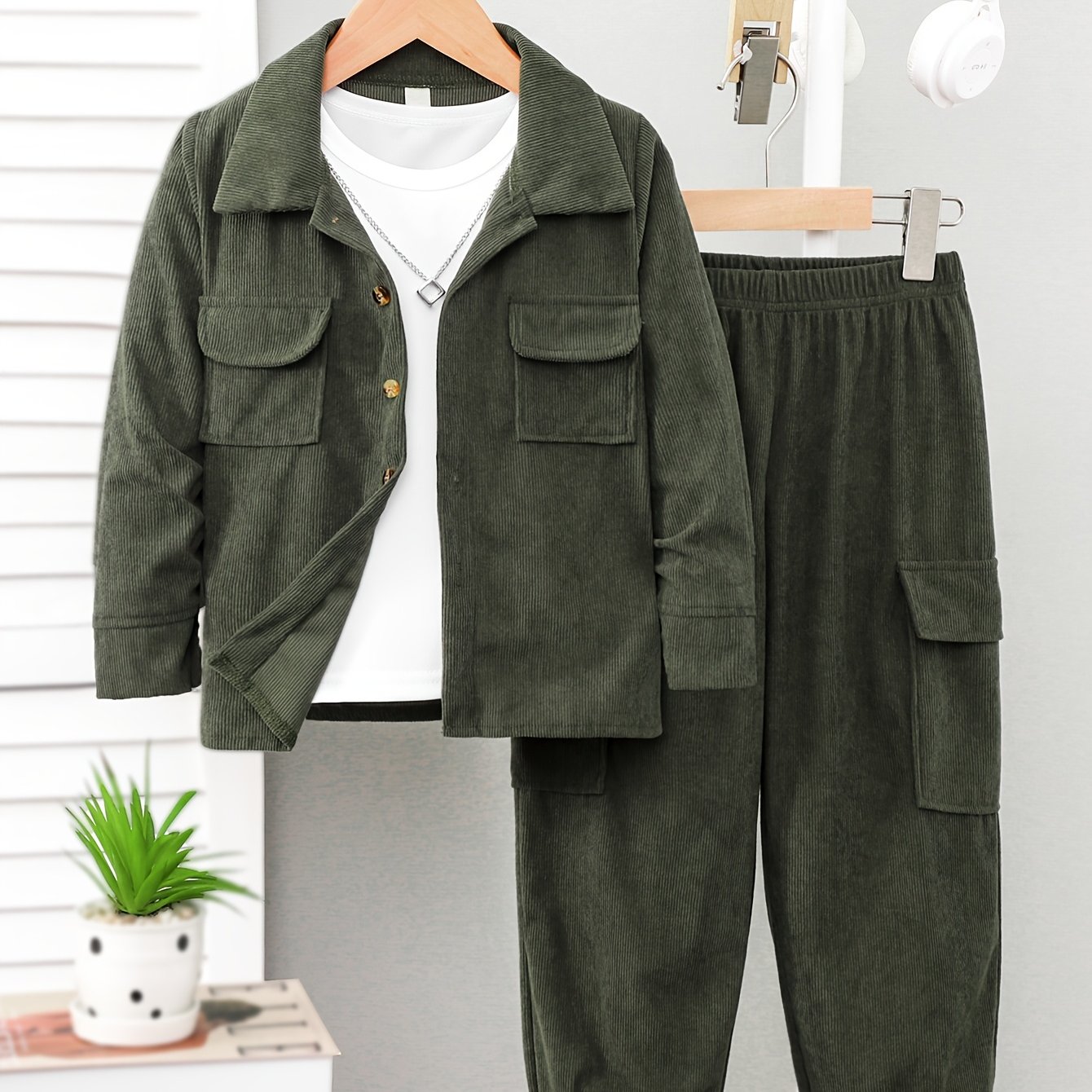 TEMU Completo Pantaloni Lunghi da Ragazzo, Tuta Autunnale Verde Militare con Camicia a Maniche Lunghe sul con Tasche e Pantaloni Lunghi Abbinati con