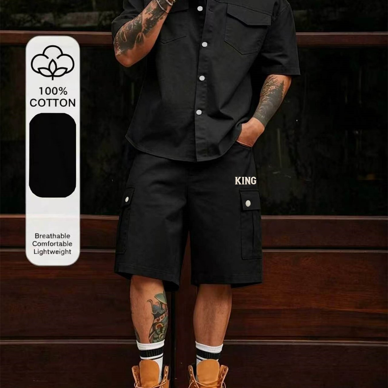 100% Cotton New Summer Fashion Solid Color Classic Men's Workwear Multi-pocket Shirt And Shorts Set, Casual Jogging 2pcs Set