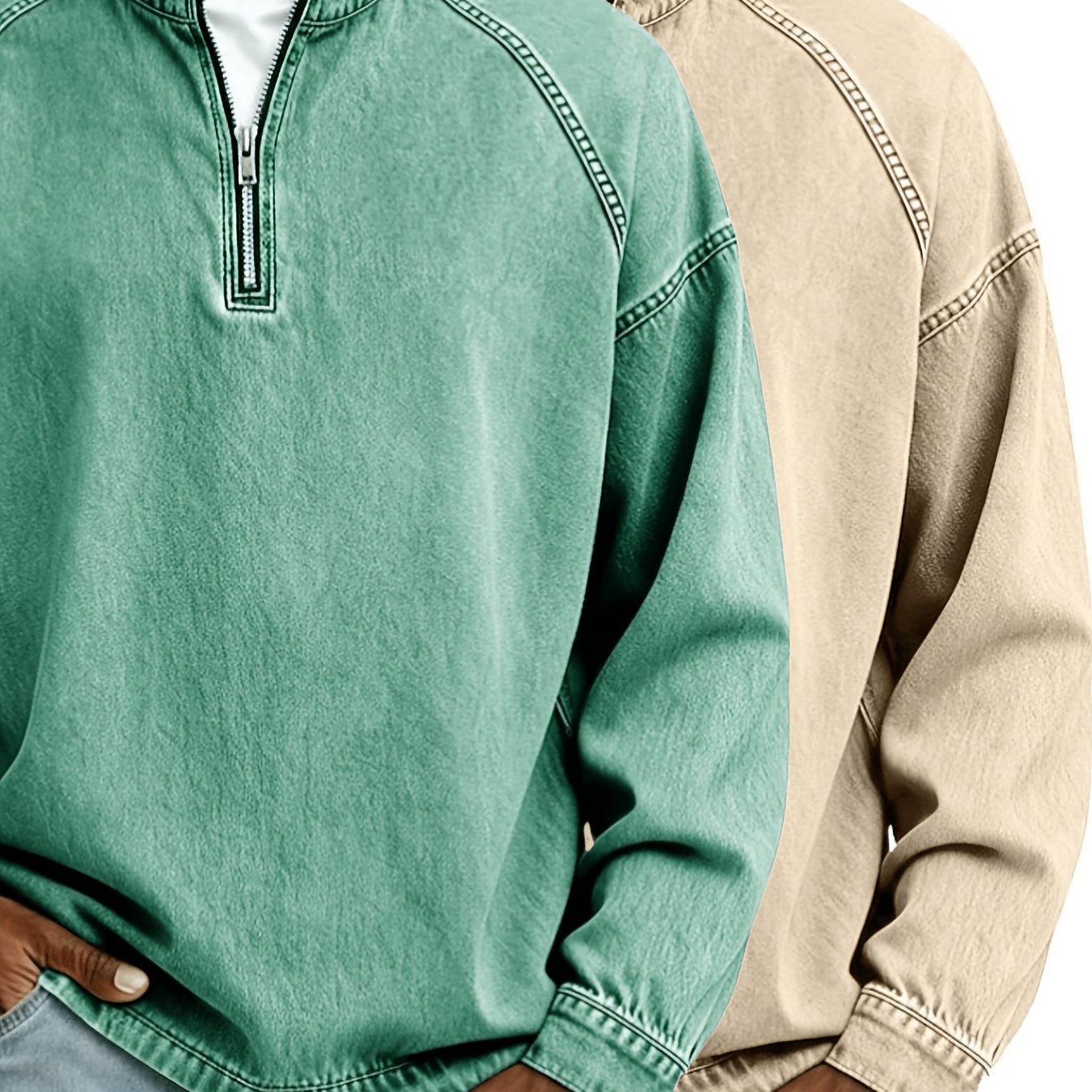 2pcs 2026 Men's Vintage Washed Long Sleeve Pullover 100% Denim Half-zip Sweatshirt Acid Wash Stand Collar Raglan Loose Fit Casual Hoodie Pullover Jacket Oversized Retro Distressed Casual Top Shirt