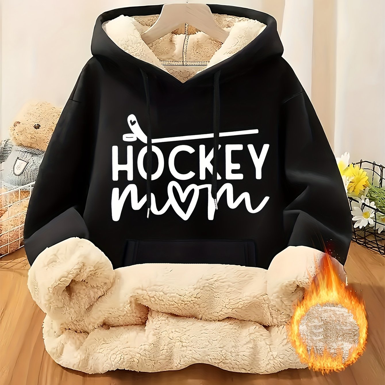 TEMU Design Sense Hockey Mom Letter Printing Fashion Ladies Sweater Plus Velvet Hoodie, Autumn And Winter Drawstring Leisure Plus Velvet Hoodie