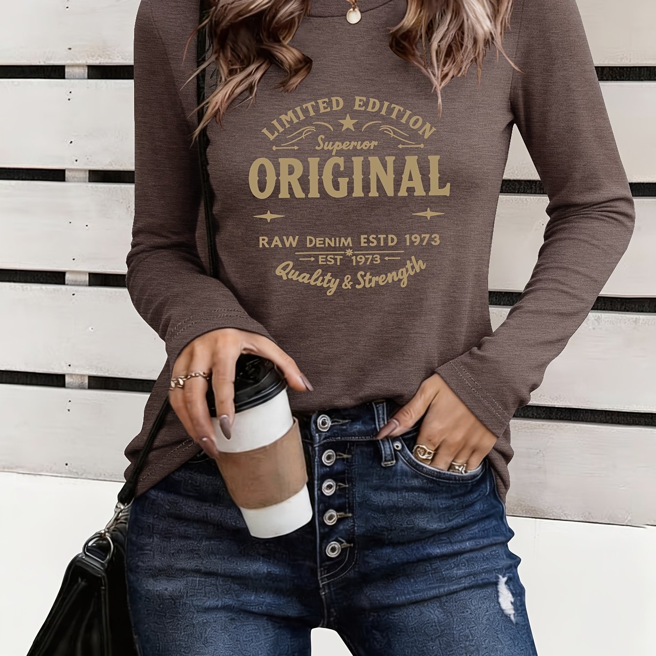 TEMU Women's Edition Original Lettering T-shirt - Fall/winter Warm Crew Neck Long Sleeve -compatible Top | Medium Stretch Suitable For Layering,