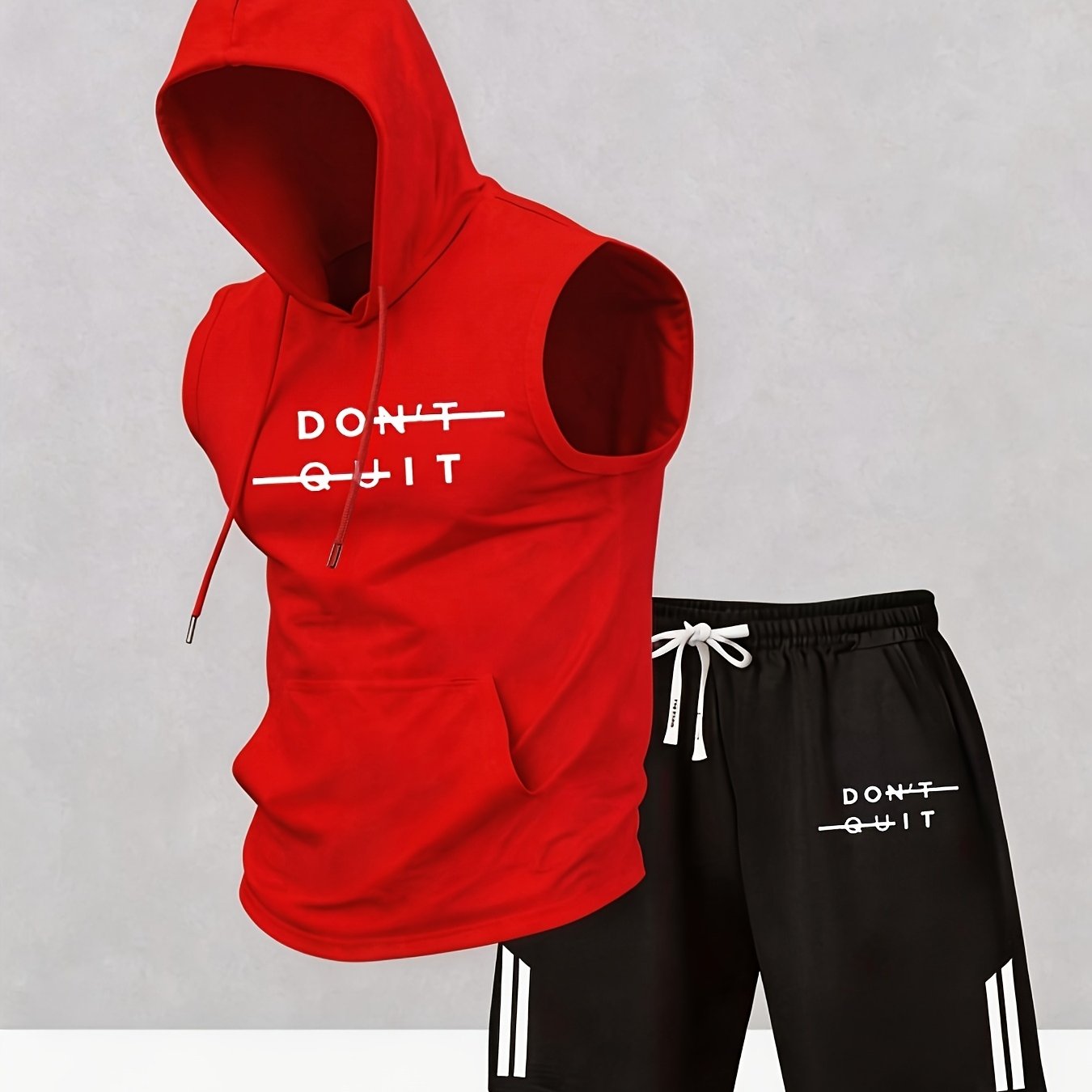 TEMU " Motivational Print Sleeveless Hooded Tank Top   Shorts 2pcs Set, Men's Summer Fitness Training Outfit