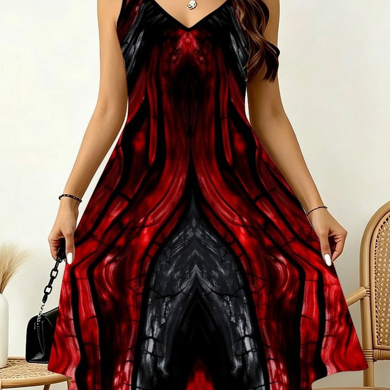 Targeted Women's Sleeveless V-neck Dress With Irregular Hem, Multi-element Printed Pattern, Suitable For Multiple Occasions, Apparel In Bohemian Style, Exquisite Item