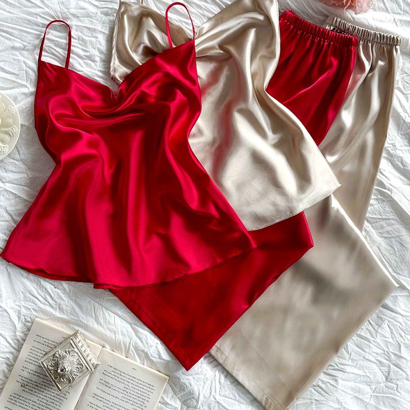 TEMU 4pcs Set Women's Autumn/winter Slouchy Collar Solid Color Faux Y Breathable Comfortable Casual Sexy Camisole Long Pants Pajama Set