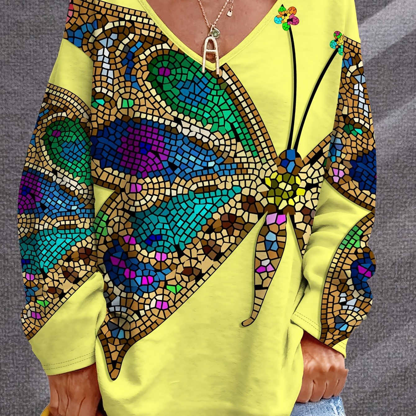 TEMU Women's Plus Size Loose V-neck Long Sleeve Top, Mosaic Print, Retro Women's Clothing