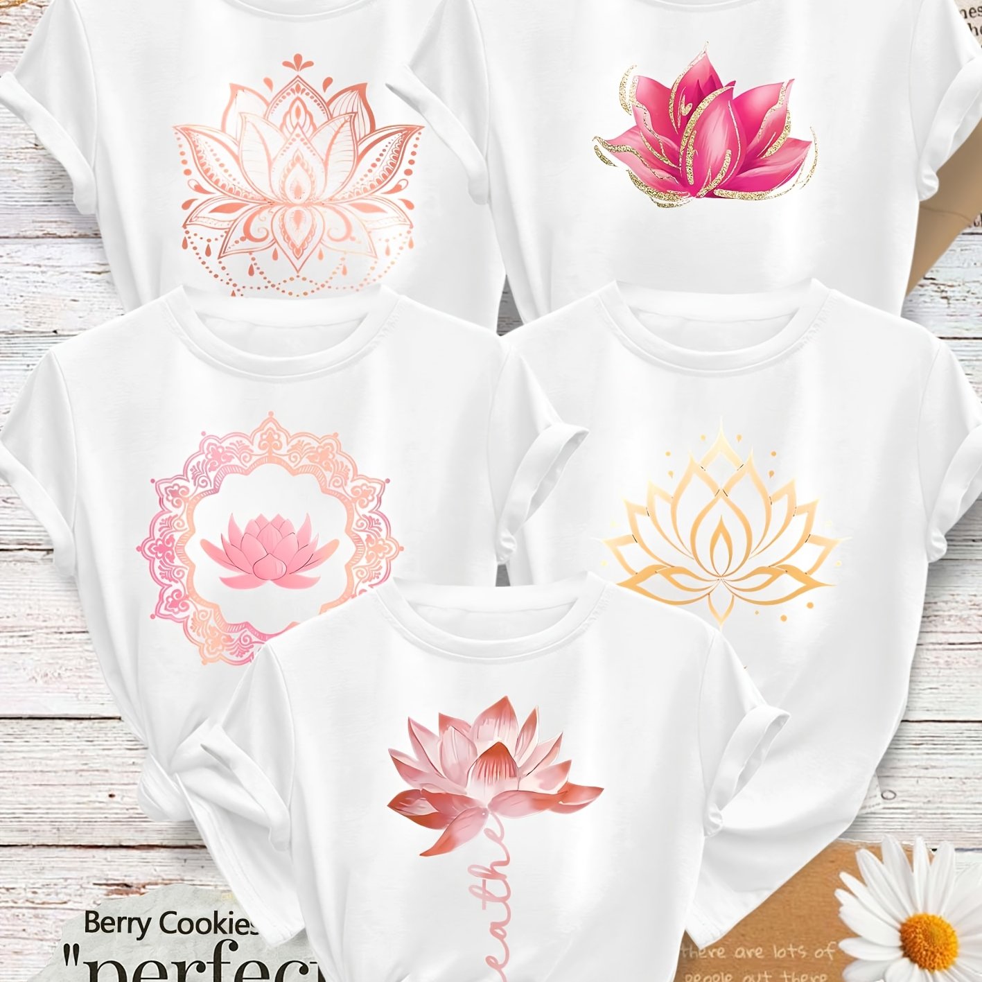 TEMU 5pcs Sisters & Set, Gilded For Lotus Pattern Print, Fashionable Vintage Style Women's Spring, Summer, And Autumn Casual Sporty Style Round Neck