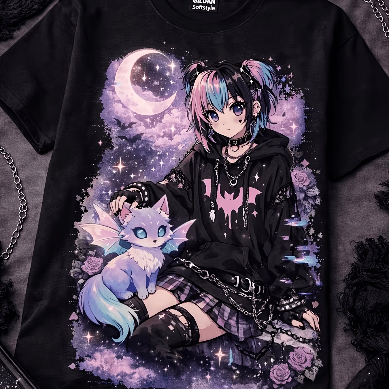 TEMU Soft Gothic Anime Bat Girl T-shirt - Cute Dragon Cat Moon And Stars Celestial Art Harajuku Alternative Fashion Soft Rough Pattern T-shirt Men
