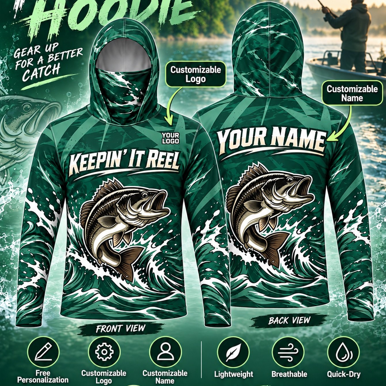 TEMU Men's Name/logo Fishing Hooded T-shirt With Built-in Face Mask Hood - Lightweight Breathable Quick-dry Polyester Suitable For Lake Lure,