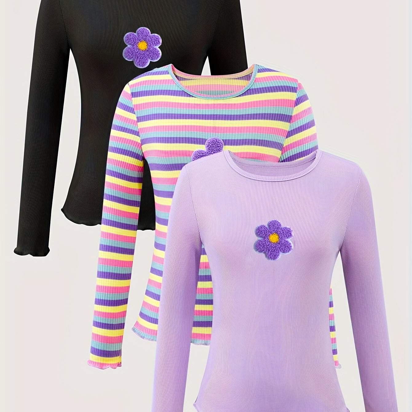 TEMU Girls' Large Round-neck Long-sleeve Top, Featuring Striped/solid Fabric With Floral AppliquÃ© And Hem. Sweet And , Blending Charm And Romantic
