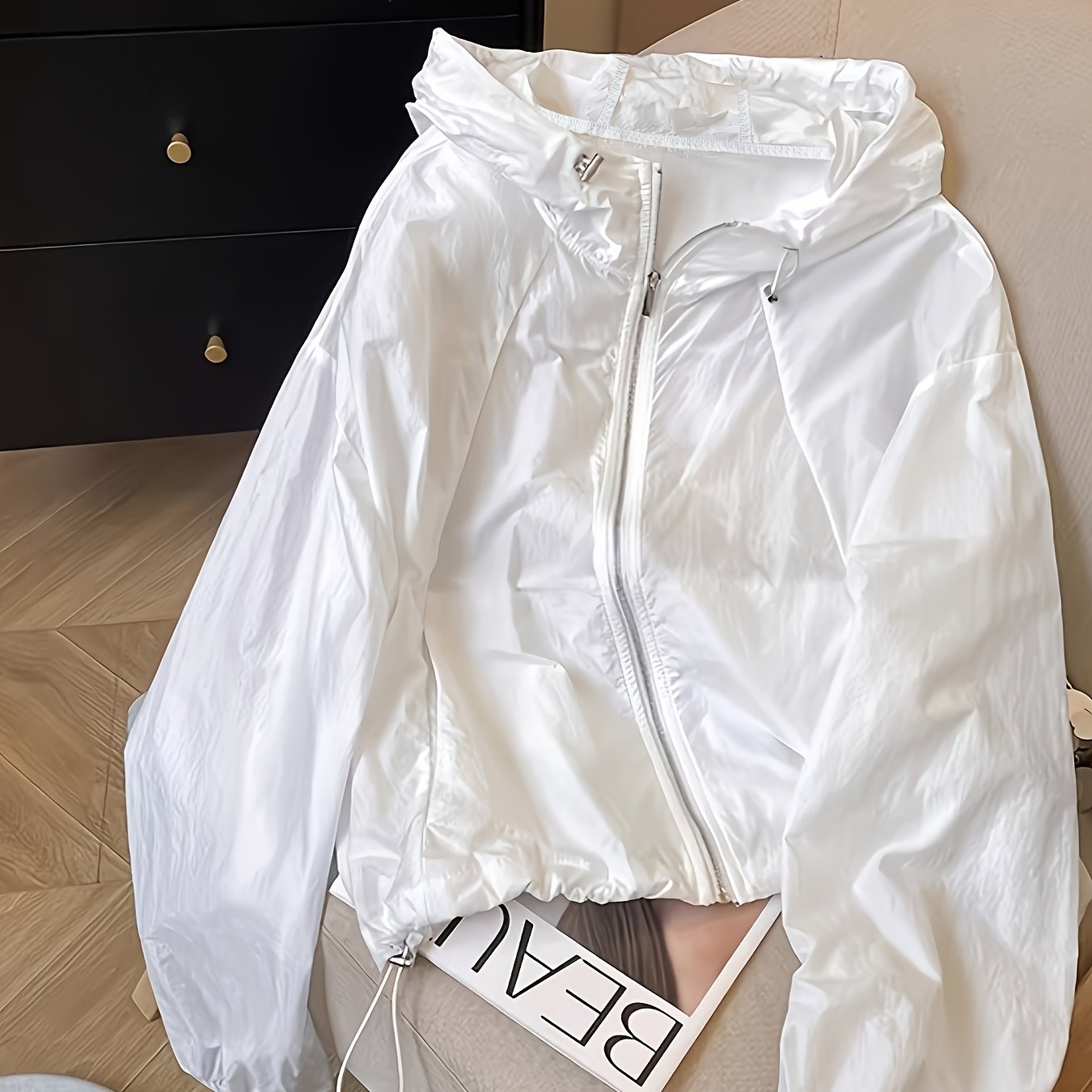 TEMU White Thin Lightweight Top Jacket Women's Summer New Drawstring Hood Loose Breathable Long Sleeve Top