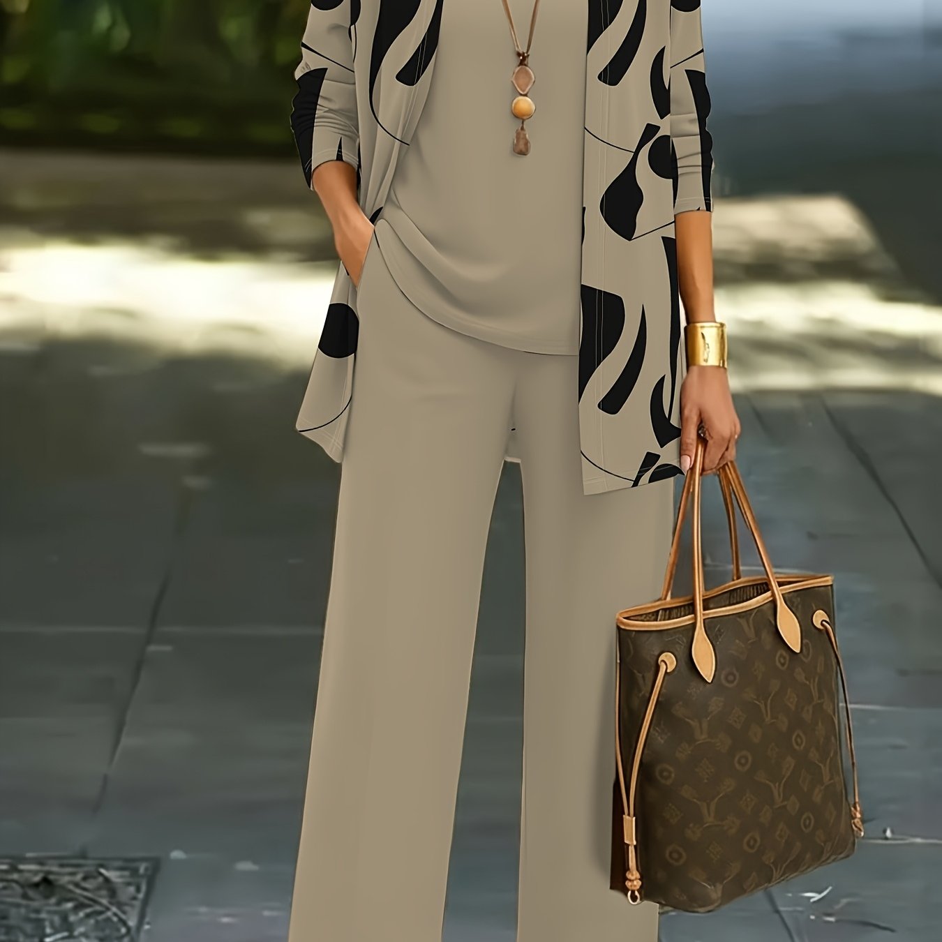 Artikelbild 3-teiliges damen-set: strickjacke mit abstraktem muster, westen-top elegante freizeithose – unverzichtbar für lässige outfits