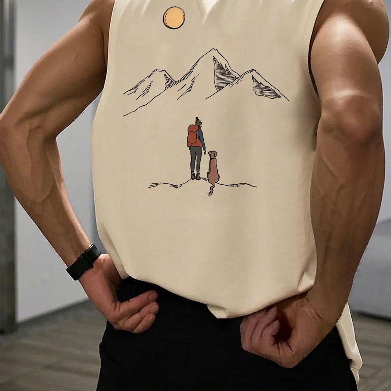 Image of Men's Casual Sports Vest, Lightweight And Breathable Knitted Fabric, Featuring Printed Character And Puppy Patterns, Crew Neck Sleeveless Top, Suitable For Gym And Casual Wear