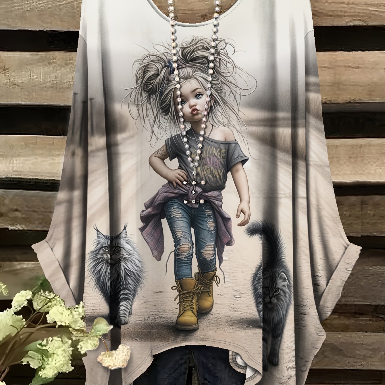 Image of Plus Size, Fashion New Arrival Long Sleeve Plus Size Round Neck Cat Print, Casual Elegant Comfortable Tailored Autumn Women's Round Neck Long Sleeve T-shirt, Rebellious And No Accessories