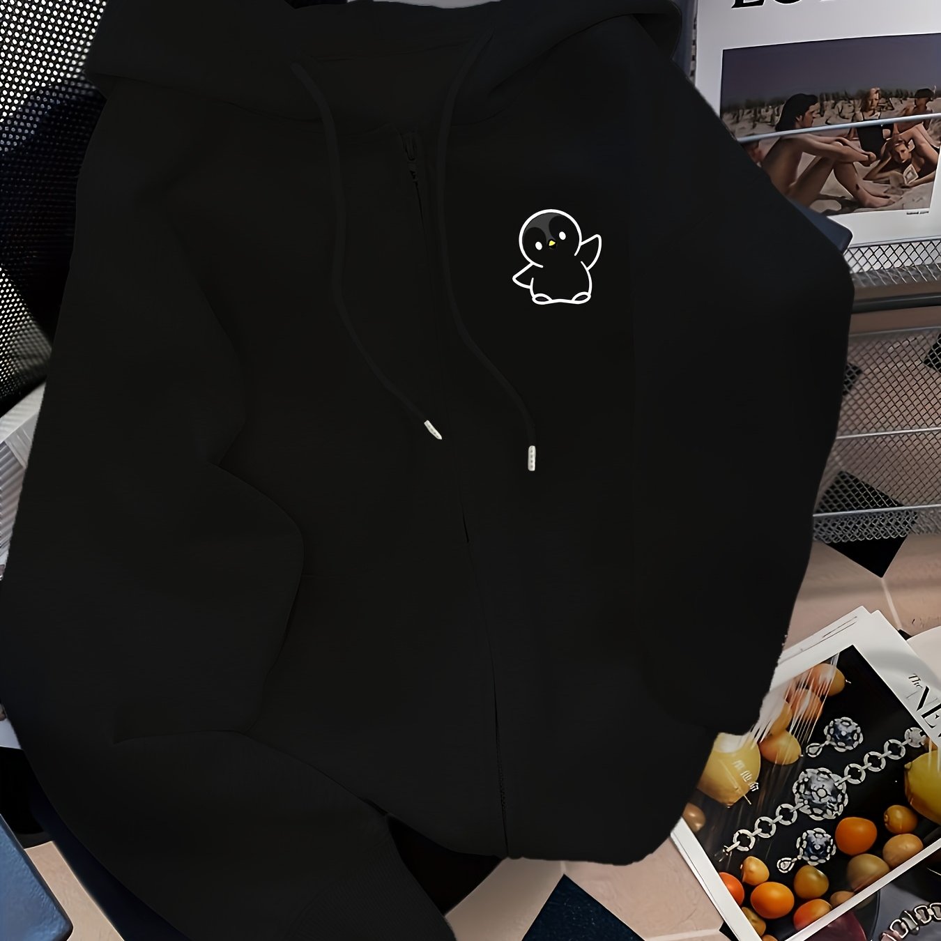TEMU D90 - Loose Hooded Sweatshirt, Fashion Trendy Penguin Print Zip-up Hoodie Jacket, Autumn And Winter, Women's L14855