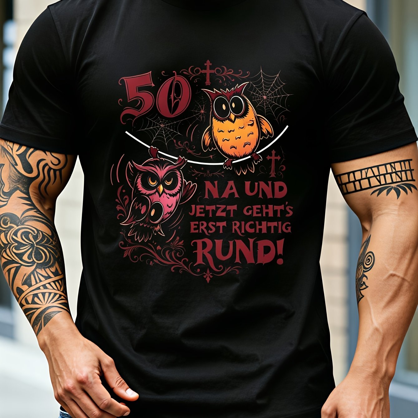Image of Men's 50th Birthday T-shirt - German " Jetzt" Funny Milestone With Colorful Cartoon - Suitable For Birthday Party & Daily Wear, Crew Neck Short Sleeve Casual Top, Machine Washable Gift For 50 Years
