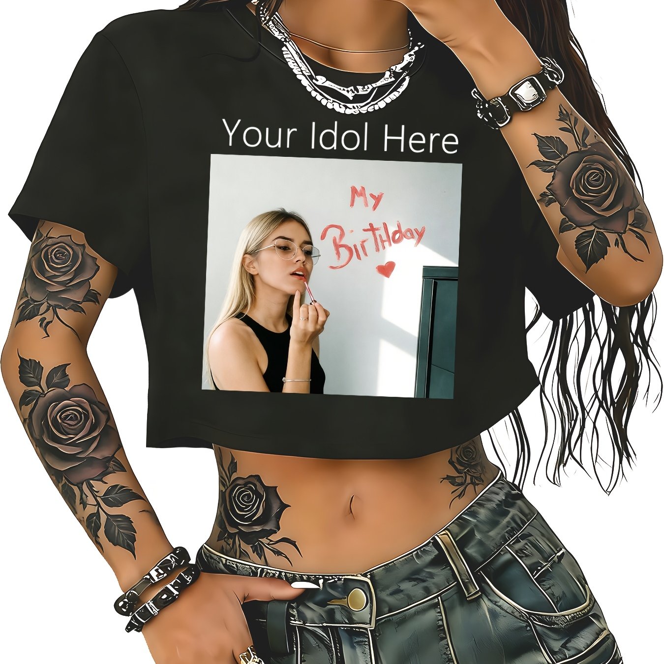 TEMU Custom Women's Cropped Short-sleeve High-waist Self- Pattern T-shirt Personalized Top