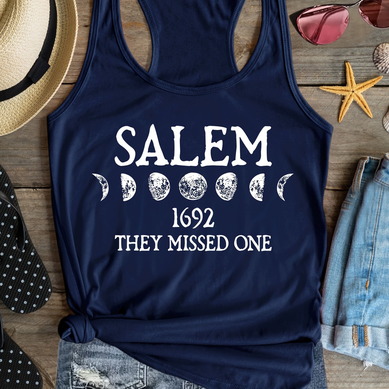 TEMU Plus Size, Plus Size Salem1692 Print Tank Top, Sleeveless Casual Top For Summer & Spring, Women's Plus Size Clothing