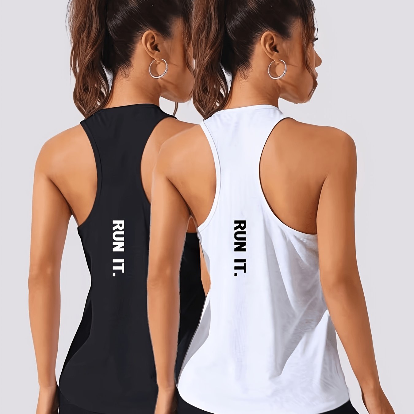 TEMU 2pcs Women's Run Letter Print Sleeveless Tank - Breathable Semi-sheer Athletic Blouses With Round Neck, Sleeveless Shirt Suitable For Gym,,