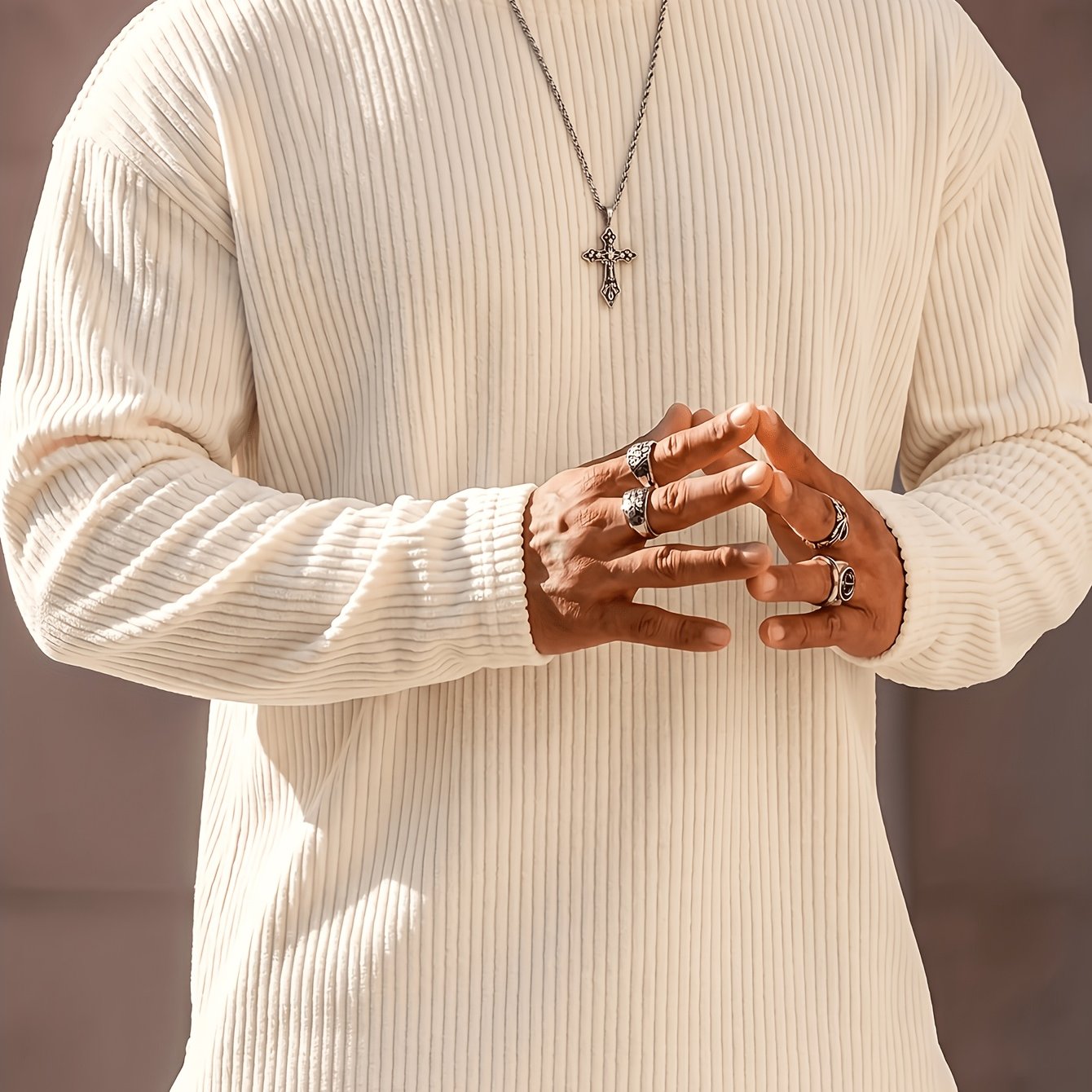 Image of Men's Pullover T-shirt, Loose Fit, Corduroy, /autumn Style, Men's Apparel, Crew Neck Knit Sweater, Casual Fashion Sport Top