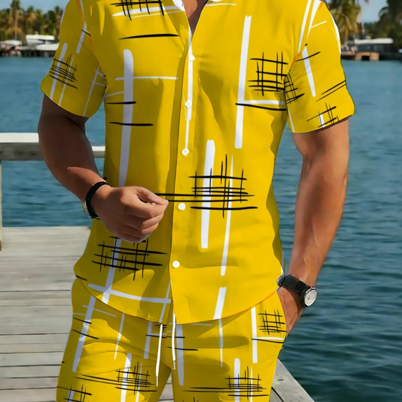 TEMU Men's Short-sleeve Shirt And Shorts Set Featuring A Yellow Geometric Pattern, Made From Lightweight Polyester, Ideal For Casual Outdoor