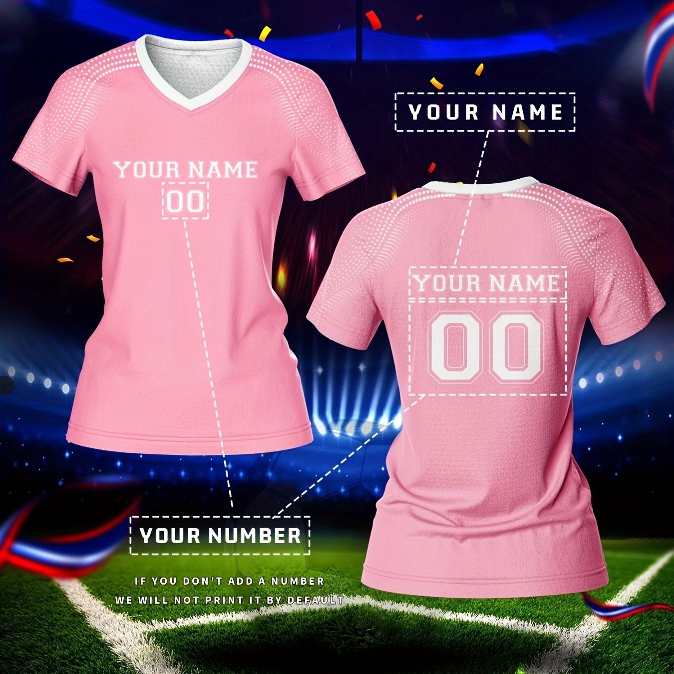 TEMU Japan & Korea Special - Custom Name & Number Women's V-neck Soccer Jersey - Breathable Quick-dry Moisture-wicking Design, Lightweight Print