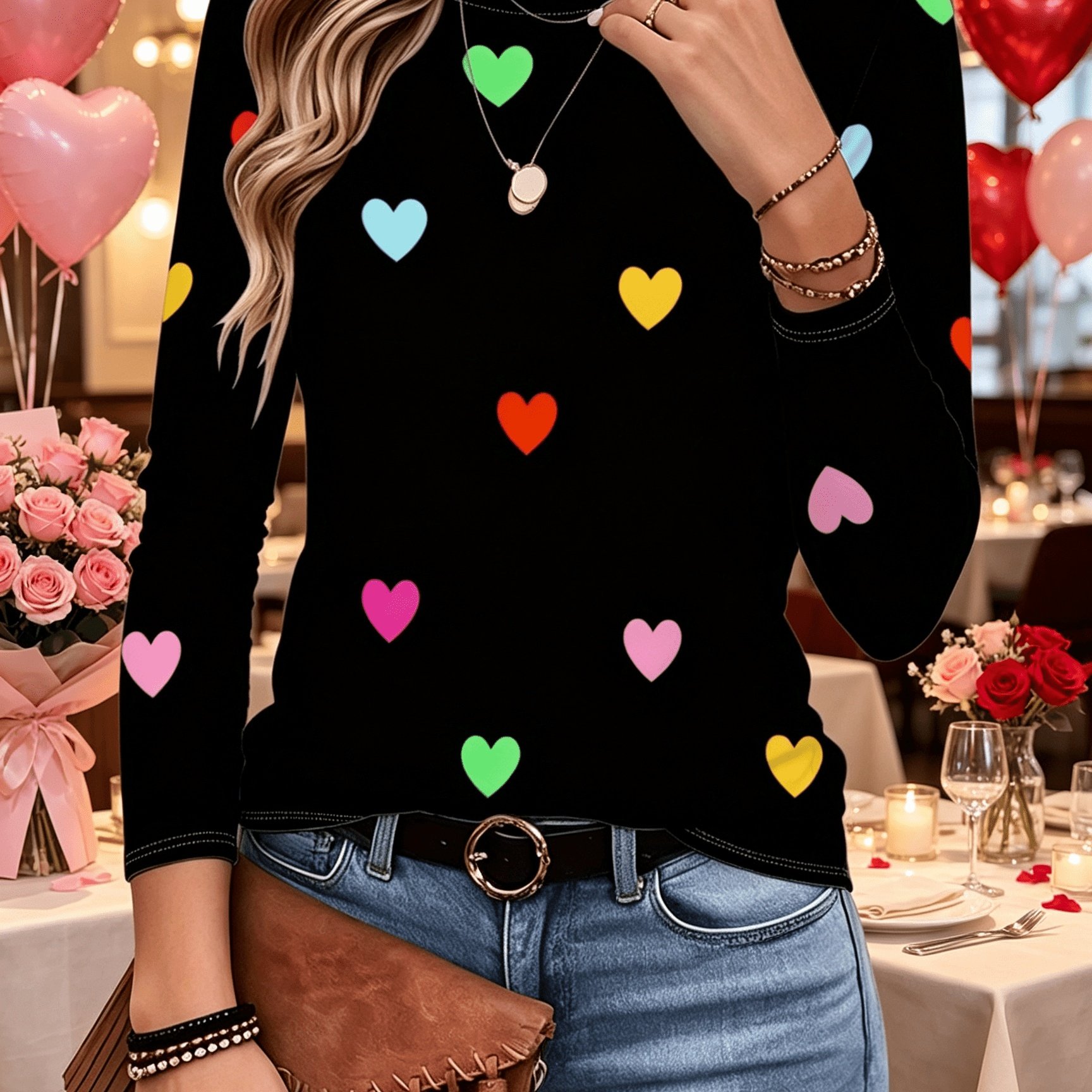 TEMU Valentine's Day Edition Love Multicolor Heart Pattern Print Round Neck Long Sleeve, Spring/autumn, Women's Clothing - 085