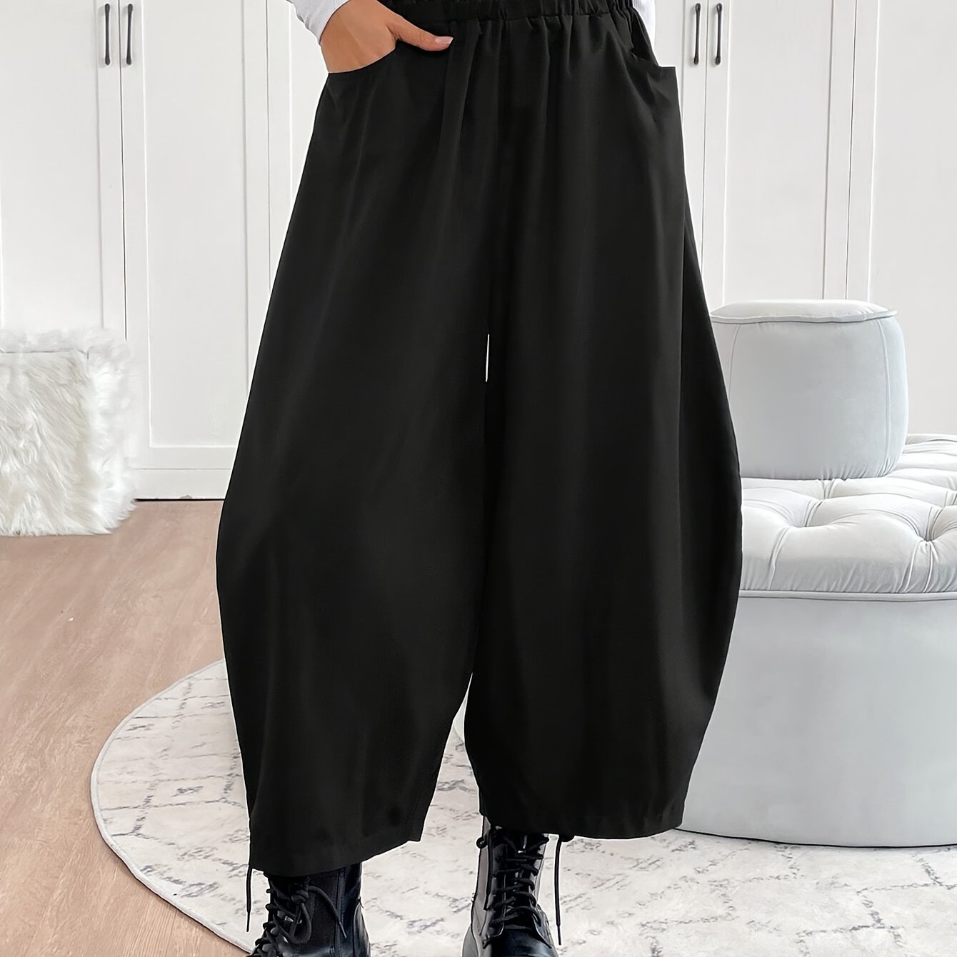 Plus Size - Plus Size - Women's Plus Size Pants - Solid Color Elastic Waist Loose Casual Trousers