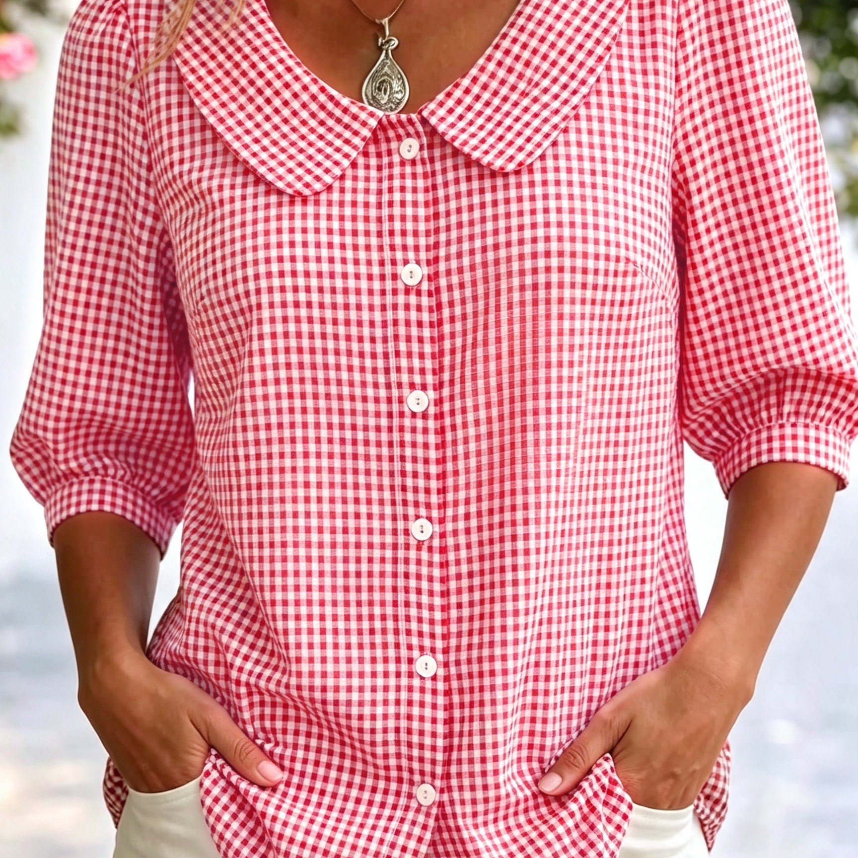 Image of Plus Size - Print Design - Texture Free Autumn Winter New Arrival Ladies Peter Pan Collar Three-quarter Sleeve Blouse Red And White Print Retro French Comfortable Breathable Daily Commuting Outfit