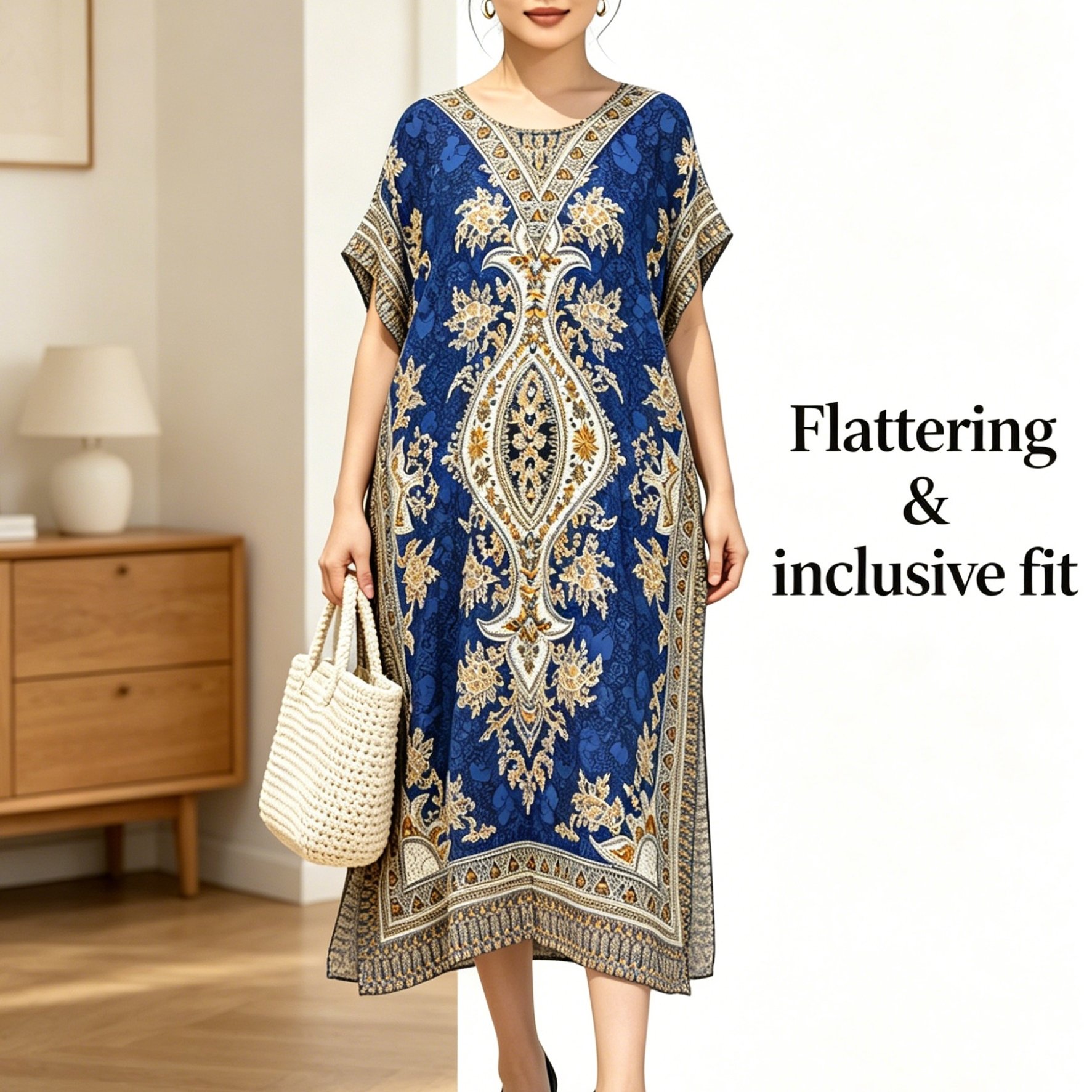 TEMU Women's Blue Paisley Floral Ethnic Style Printed Dress, Loose Mid-length Skirt, Vintage Paisley Pattern, Round Neck Short Sleeve Design, Flowy