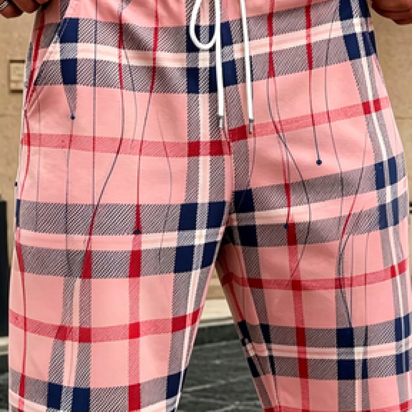 TEMU Men's Plus Size Plaid Shorts - Retro Elastic Waist, Loose Fit Summer Beach Shorts With Side Pockets, Machine Washable, Suitable For Outdoor And