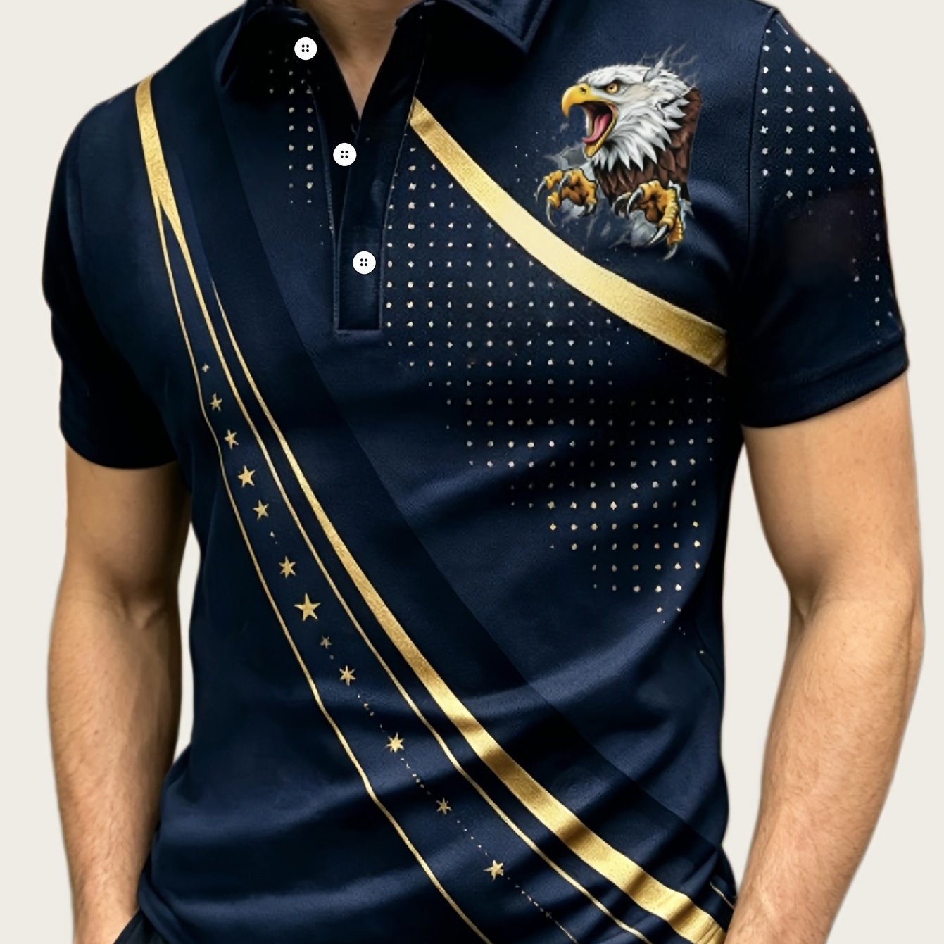TEMU Men' Bald Eagle Shirt - Short-sleeve Lapel Collar With Contrast Stripe & Eagle Print, Casual Business Suitable For For Office,, Casual Attire,