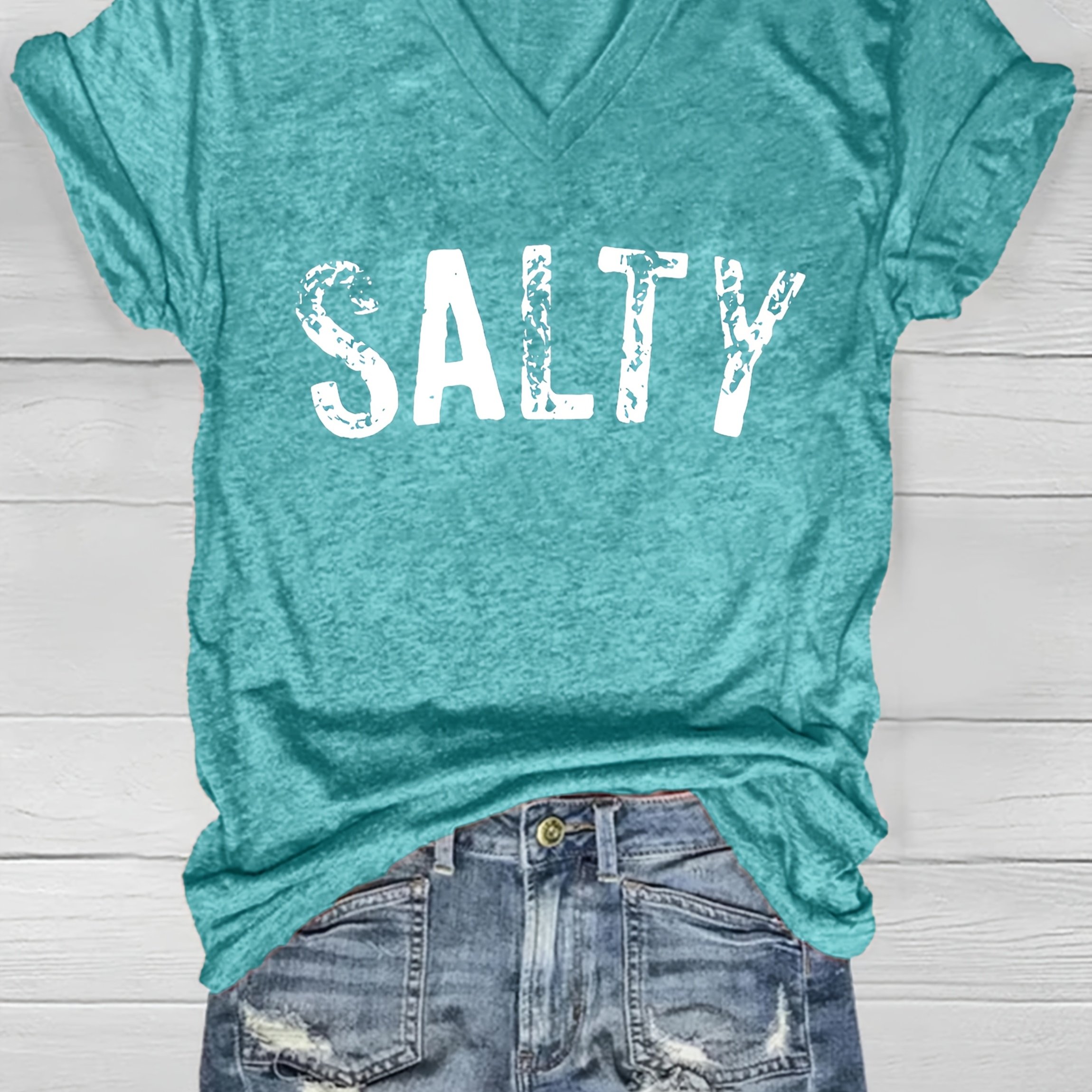 TEMU T-shirt à manches courtes décontracté et ample à col en V pour femmes, style western transfrontalier, haut de base