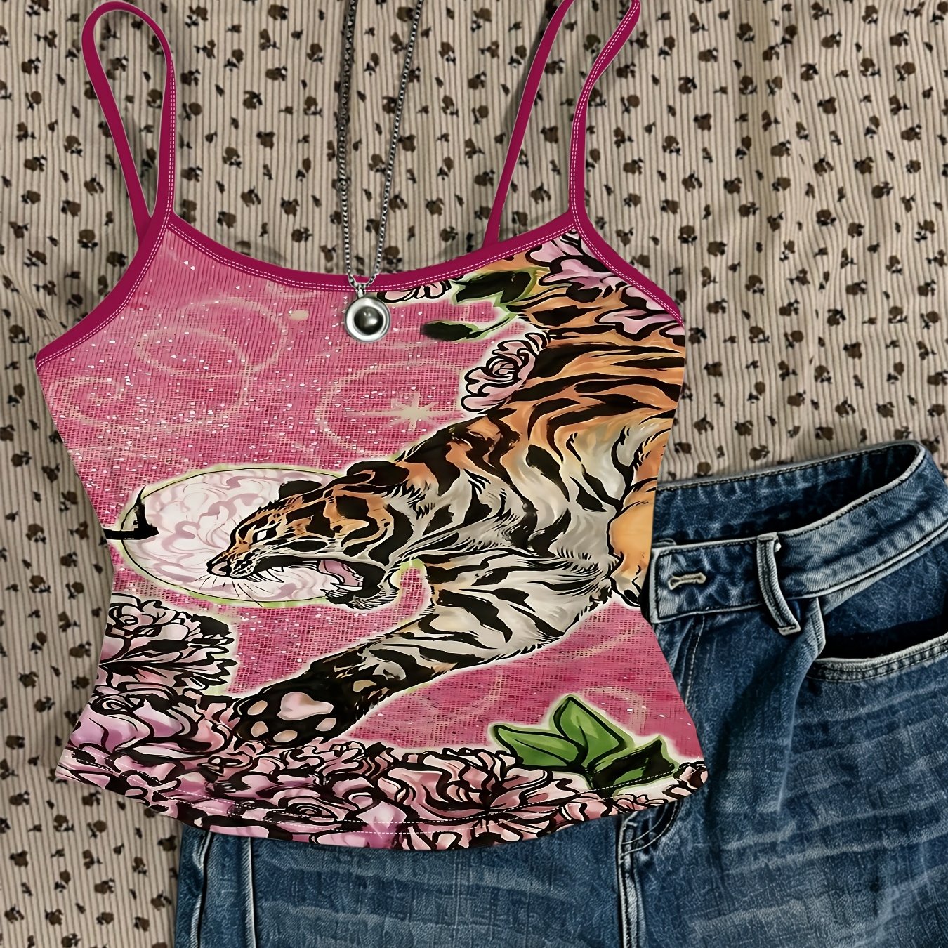 TEMU Print Camisole Top For Women, Summer Trendy Crop Top With Fashionable , And Figure-hugging Style