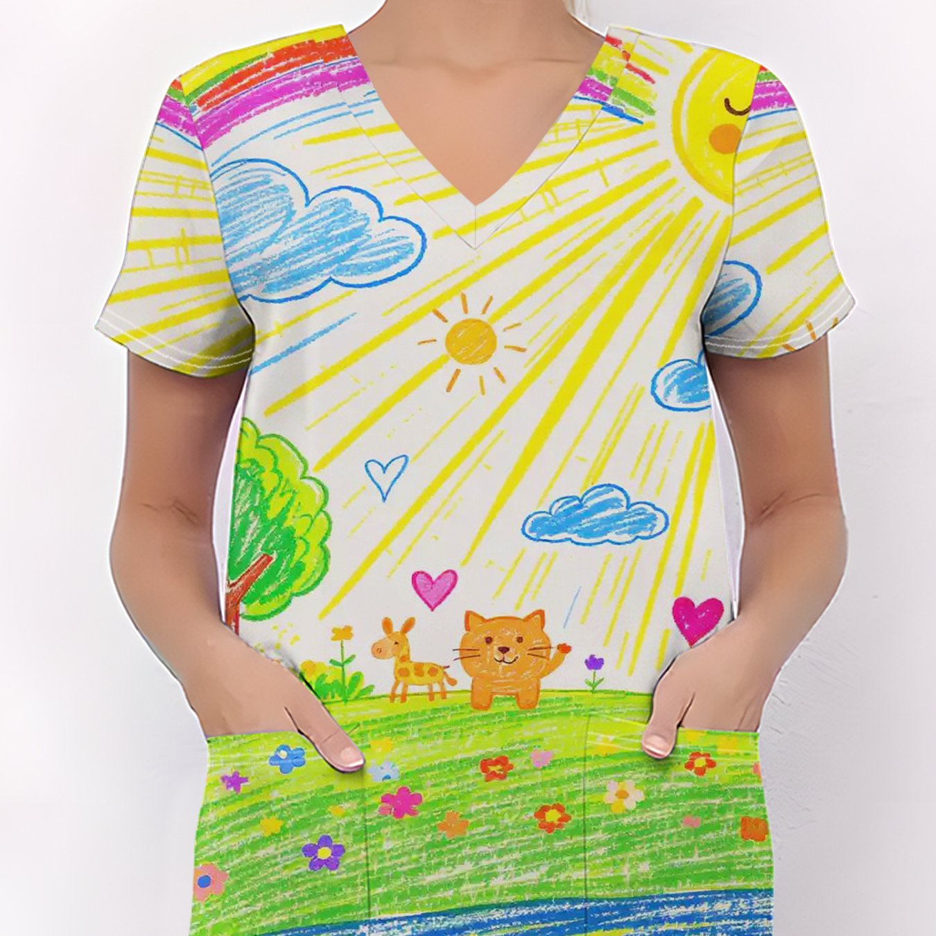 TEMU Moda Donna Scollo a con Maniche Corte, Uniforme da Infermiera con Tasche, Elementi Cartoon Vivaci, Stile Casual Traspirante, Tessuto Elastico