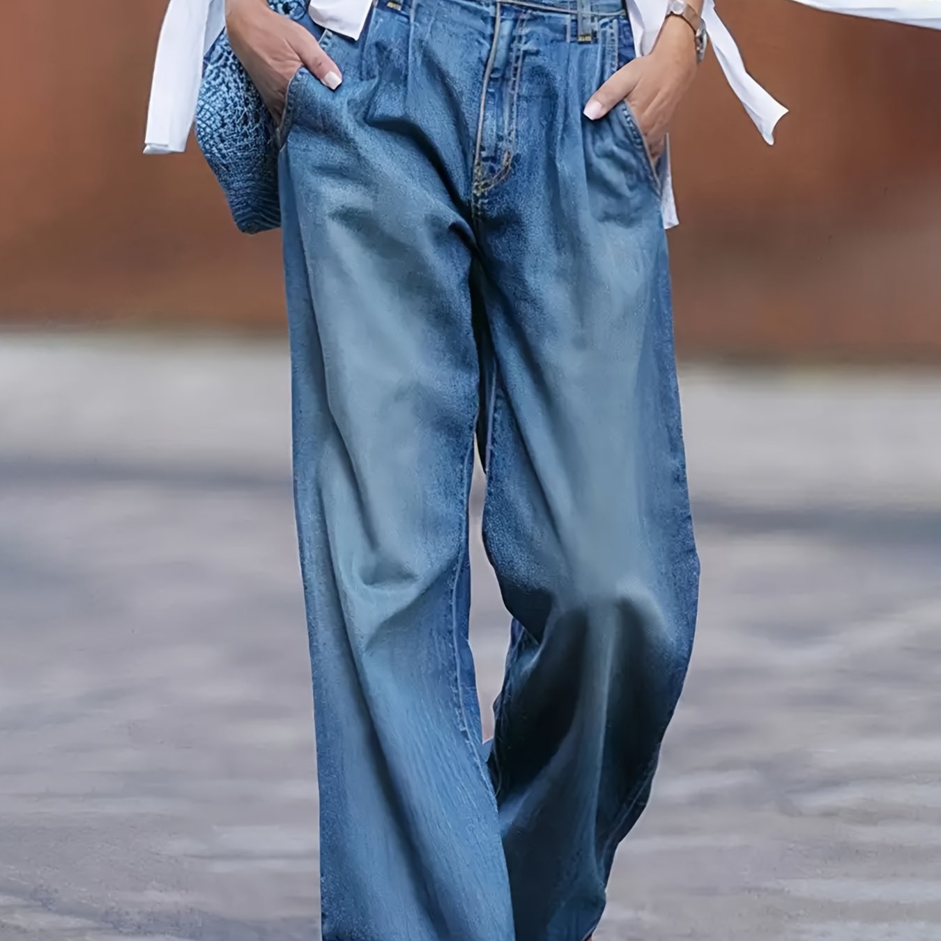 Image of Women's Elastic Mid-waist Loose Wide Leg Casual Pants, Fashion Trend Suitable For Dating Music Festival Wear, Weekend , Can Wear, Fabric Soft And Smooth, Retro Wash Blue Jeans, Comfortable Version