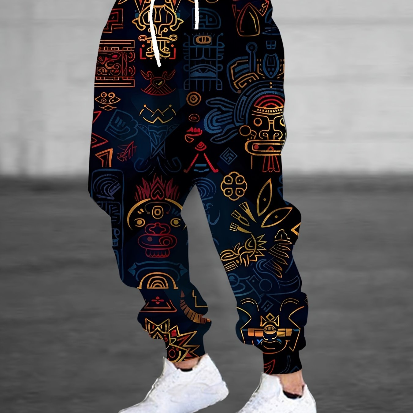 Image of Fashionable Design Men's 3d Abstract Ancient Tribal Pattern Print Joggers With Drawstring And Pockets, Trendy Long Pants For Home Sleepwear Casual Comfortable