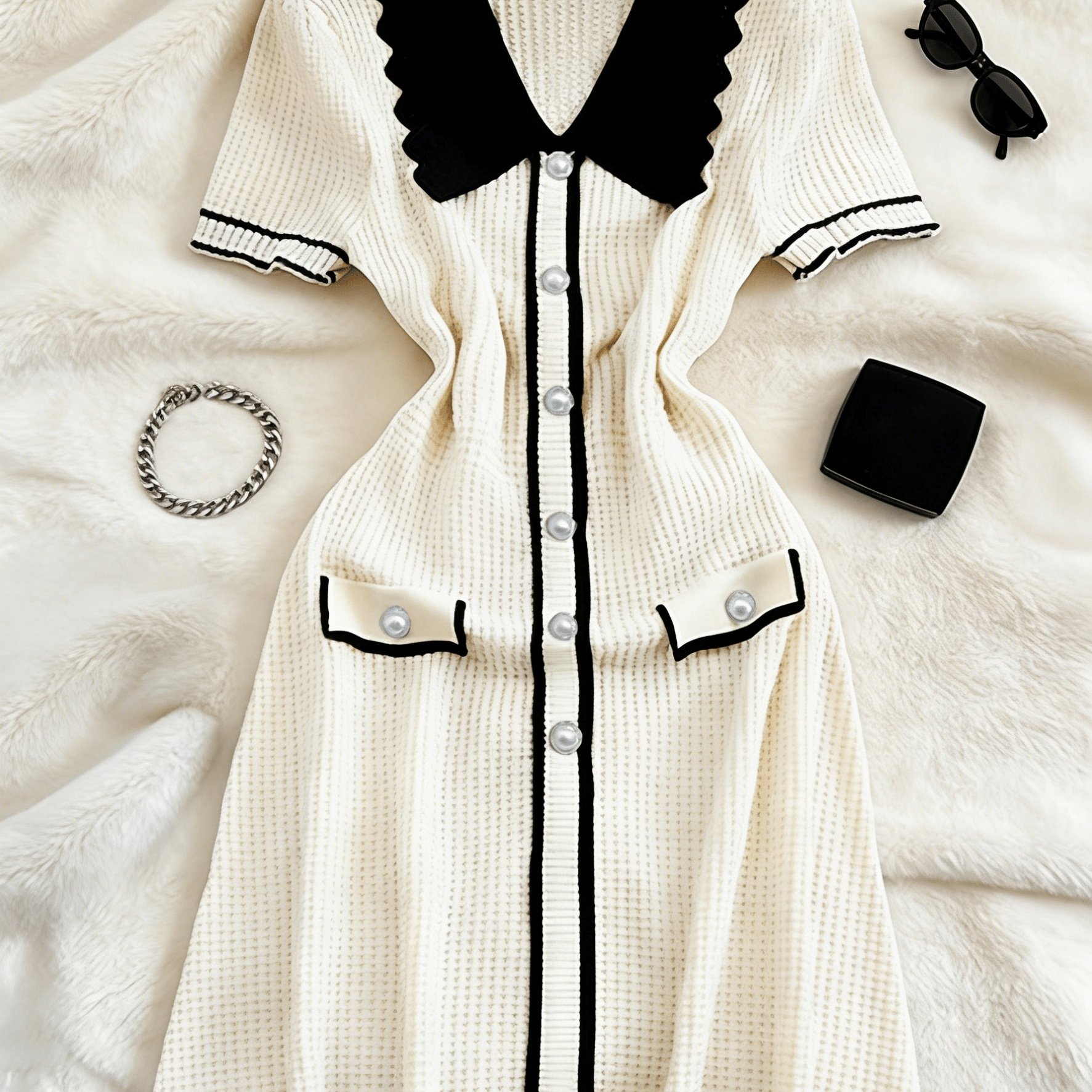 TEMU Color-block Temperament Doll Collar Short-sleeved Dress Women' Sense Small Single-breasted Slim Fit And Mid-length Dress