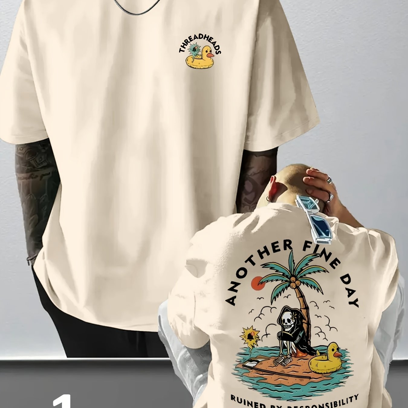 TEMU Men's Reaper Skull Seaside Island Scenery Print Crew Neck T-shirt, Summer Outdoor Sports Short Sleeve