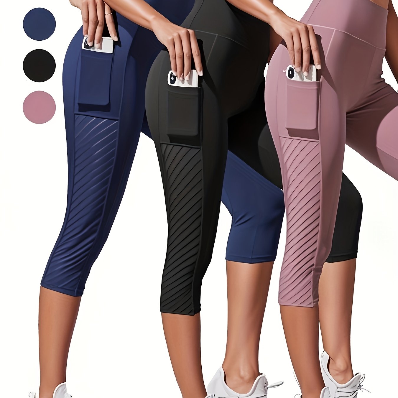 3pcs Wide Waistband Tummy Control Hip Lifting Sports Capri Pants, High Waist Stitching Mesh Capri Leggings, Women's Activewear