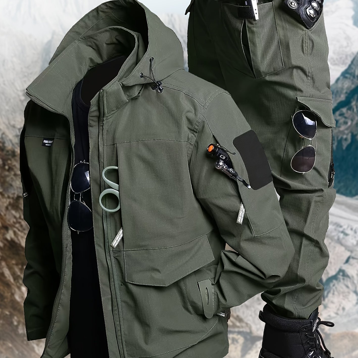 TEMU Ensemble tactique d'extérieur 2 pièces pour homme : Veste zippée à capuche et col et Pantalon cargo multi-poches grande . Équipement tactique
