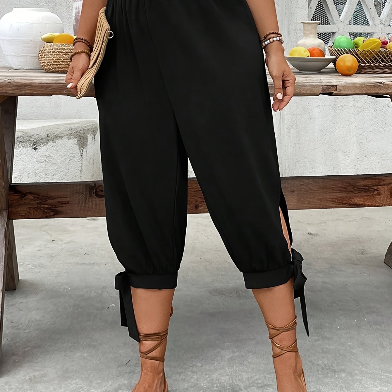 TEMU Plus Size High-waisted Drawstring 7/8 Pants, Spring/summer Style