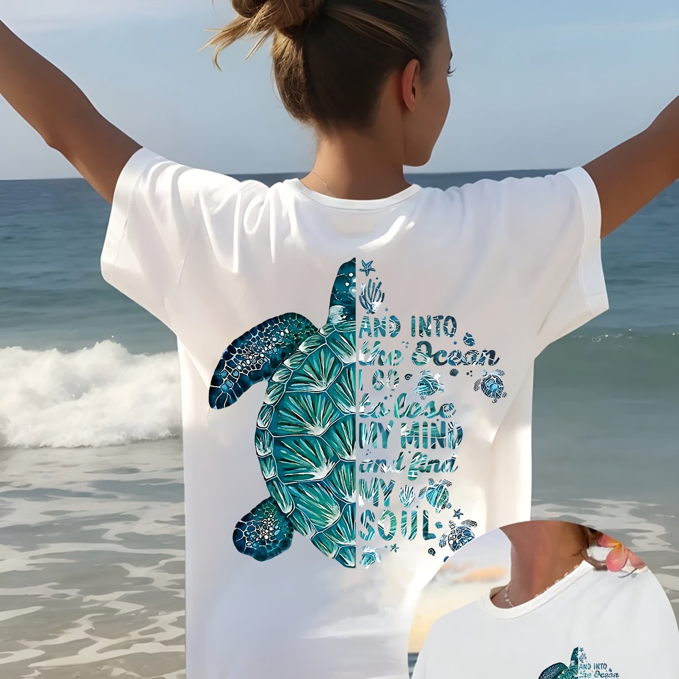 Women's Tropical Beach Holiday Tee - "sunny Vibe" Double-sided Print, Casual Polyester Crew-neck Short-sleeved Top, Machine Washable For